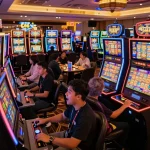 Activating slot gacor games in a colorful, vibrant casino with excited players engaged in gameplay.
