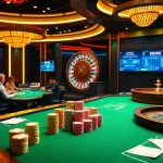 SODO66 casino tables with players engaged in poker and vibrant chips stacked.