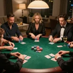 Friends enjoying a poker night at home, showcasing strategic gameplay with engaging elements, related to sc88.com.