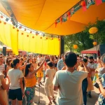 Nắng Cực summer concert scene with diverse crowds enjoying music, vibrant outdoor atmosphere.