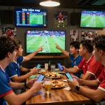 Excited friends discussing bets while watching kèo hôm nay in a lively sports bar.