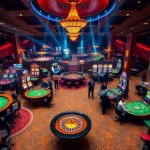 Exciting scene from the trang chủ hubet showcasing vibrant casino tables with players and dealers engaged in lively gambling.
