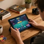 Engaged player strategizing on NK88.com poker game from home with snacks and drinks.
