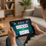 Play online poker at https://9bet9.in.net, person enjoying gaming on a tablet in a cozy living room.