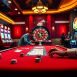 Play thrilling games at MB66 with an exciting casino atmosphere featuring poker tables and vibrant slots.