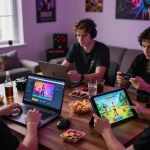 Engaged players enjoying various porn games on devices in a vibrant gaming setup.