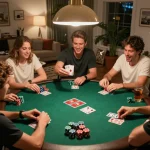 Friends enjoying a thrilling poker night at home, showcasing chips and winning hands with 888NOW for a competitive atmosphere