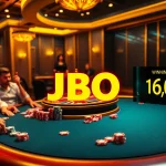 Experience the excitement of JBO online gambling with a luxurious casino scene highlighting poker and roulette.
