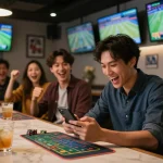 Exciting moment at RR 88 as a player places a bet on a smartphone in a vibrant sports bar.