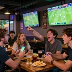 Excited friends watching keo nha cai odds during a live football match in a vibrant sports bar.