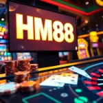 Engaging HM88 digital betting terminal with spinning roulette and vibrant poker chips in casino