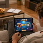 Engaging with MMOO online casino on a tablet, surrounded by a cozy home atmosphere, showcasing leisure gaming.