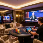 Engaging in go8 đăng nhập for online casino games using a tablet in a luxurious home setting