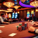 Experience the thrill of gambling at 23win with a luxurious casino scene featuring poker action.