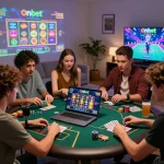 Friends playing Onbet casino games in a lively home setting, showcasing excitement and engagement.