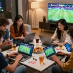 Friends enjoying a thrilling betting experience with 23win on modern devices in a lively home setting.