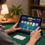 Player engaging with f168.osaka on a tablet, showcasing strategic online betting in a cozy home setting.