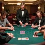 Players engaged in an exciting poker game at a luxurious casino, showcasing the thrill of 32win con gaming