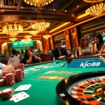 Players enjoying a thrilling game at a casino table, featuring kjc88 branding subtly integrated.