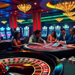 Exciting gaming atmosphere at luck8 casino with roulette and poker tables.