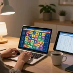 Person engaged in online 9 Lotto 4D gaming, using laptop at home for lottery results