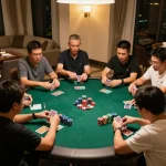 Friends engaging in a lively poker game at home, highlighting the thrill of game bài đổi thưởng.