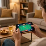 Player enjoying SC88 mobile app in cozy home setting, engaging with exciting casino games.