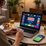 Dola789 user engaging in online gaming with a laptop, surrounded by snacks and drinks for a cozy experience