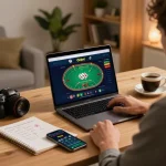 Play online poker on the Onbet platform in a cozy home office setup.