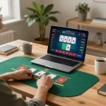 Engaging in TT88 online blackjack game on laptop with vibrant interface and planning strategy.