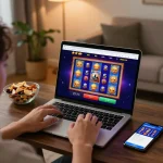 Player enjoying an online slot game on trang chủ fly88 with cozy home setup, focusing on responsible entertainment and fun.