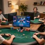 lc88 players strategizing in an online poker session, showcasing focused gameplay and vibrant home office
