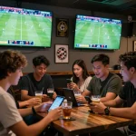 Tỷ lệ kèo nhà cái hôm nay being actively betted on during an exciting sports event at a bustling betting bar