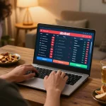 Player engaging in sports betting on sbobet with a laptop in a cozy home setting, showcasing live odds and betting options.