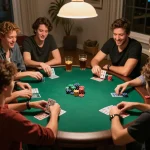 Friends playing poker at home during an exciting game night, illustrating the fun experience at HB88.