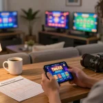 Engaged player exploring twin68 mobile gambling app in a cozy home setting with multiple screens and strategy notes.