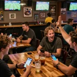 lu88 sports betting enthusiasts engaging in real-time betting at a lively bar