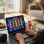 Nohu90s gameplay displayed on a laptop during an engaging home gaming session with vibrant slots.