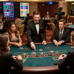 Experience the excitement at luckywin casino with players betting at a luxurious blackjack table.