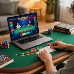 User participating in online blackjack at hytw3339 com, showcasing interactive gameplay and cozy home setup.