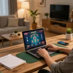 Experience win68 on a cozy home gaming setup as a player engages with online casino games.