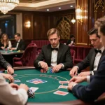 Players strategizing at a high-stakes poker table in an exclusive VIP area of ALO8 PRO casino.