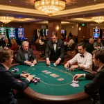 Engaged players strategizing the game at 79KING poker tables in a luxurious casino setting