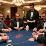 58winwin vip players strategizing at a luxurious poker table in an upscale casino.