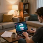 Gaming on rikvip from a cozy home setup with a warm atmosphere, showcasing poker on a laptop.