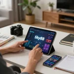 Engaged player utilizing the App Sky88 on their tablet during a home gaming session.