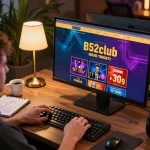 B52club user engaging in online gambling via desktop, showcasing vibrant game graphics and personal setup.