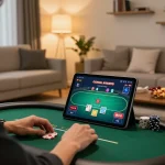 Enjoying poker gameplay on trang chủ fun79 in a cozy home environment, featuring warm lighting and snacks.