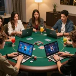 Friends enjoying n88 poker online with live dealer, vibrant cocktails, and intense focus.