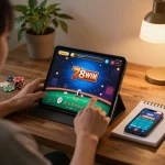 Engaging with 789WIN online gaming on a tablet at home, showcasing a cozy setup.
